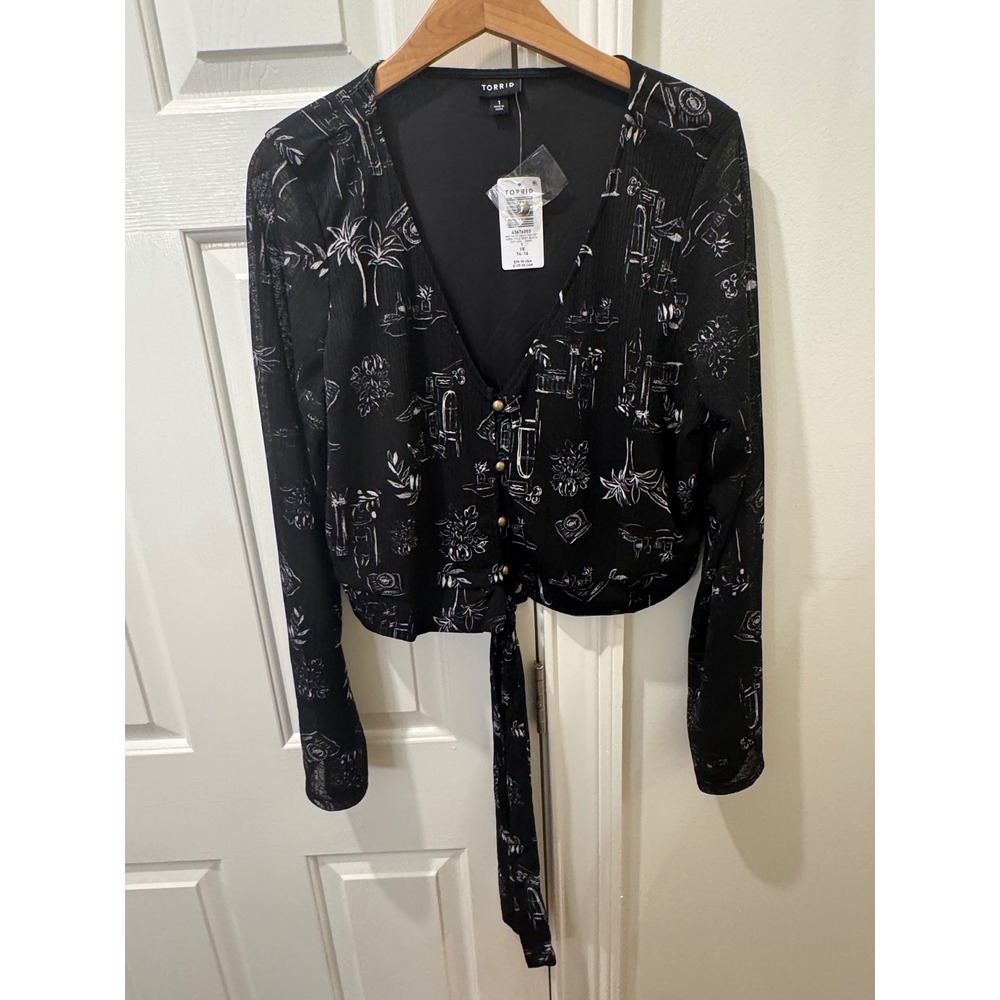 Torrid Sora Toile Deep Black Knit Gauze V-Neck Tie Front Crop Top 1 1X 14-16 NEW